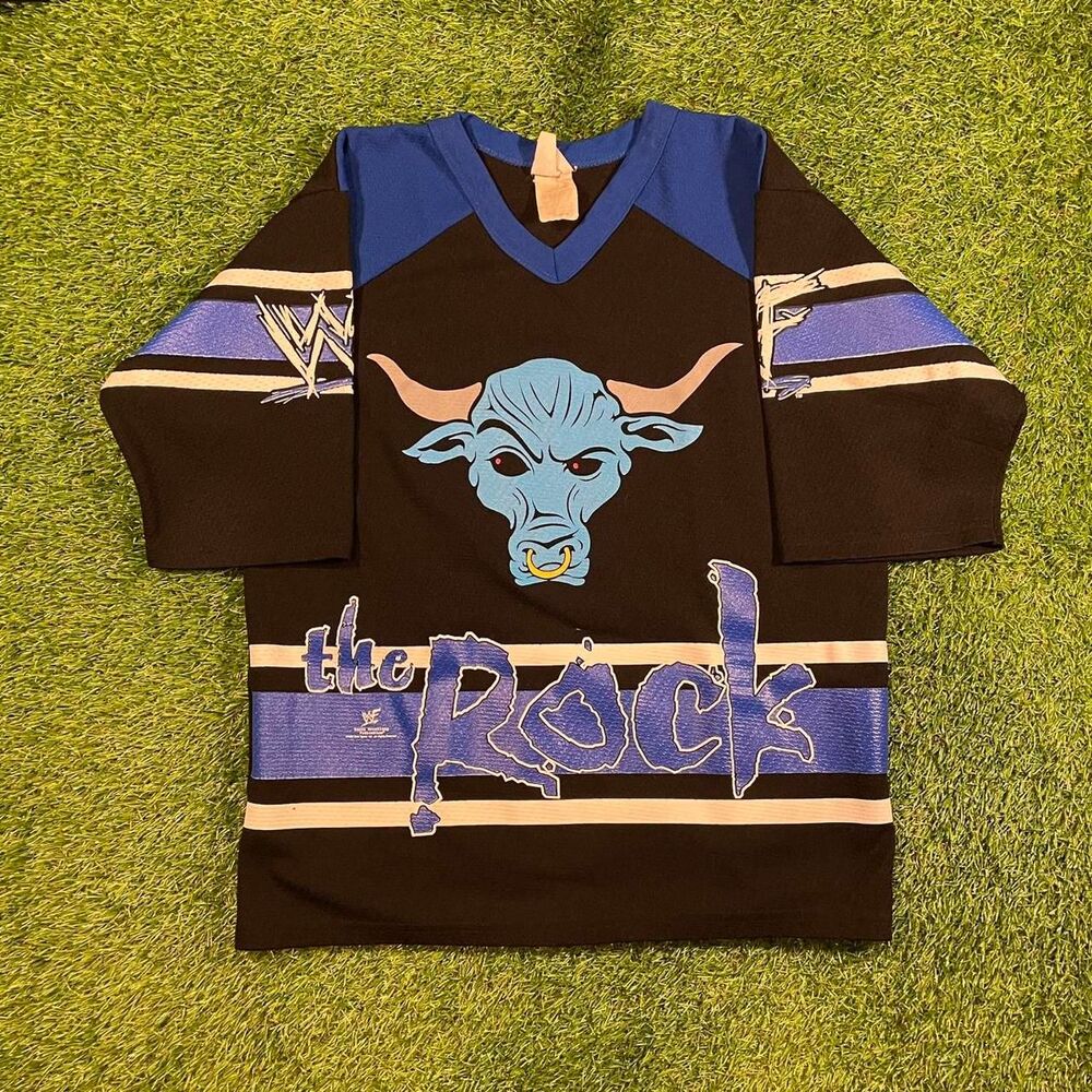 Vintage WWE The Rock black and blue mesh Jersey YOUTH SIZE L
